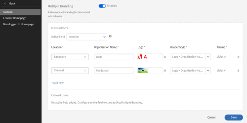 Multiple branding images (logo) in the same account for different users in Adobe Learning Manager.